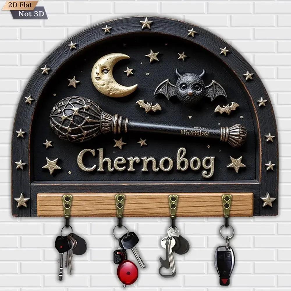 2D Star Moon Bat Magic Wand Gothic Wood Key Rack - Witch Key Holder 4 Metal Hooks for Halloween Wall Decor-MoonChildWorld
