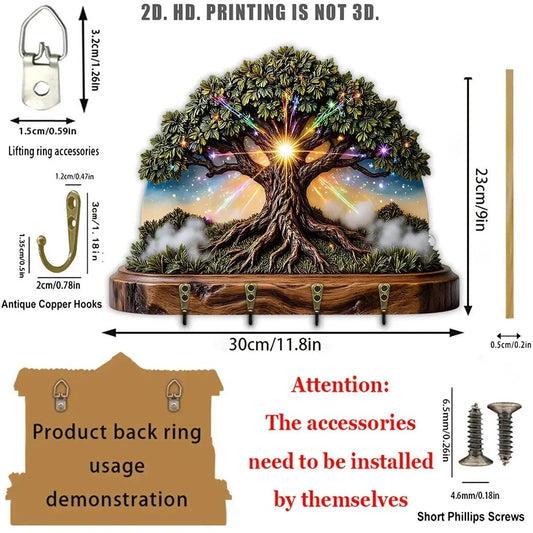 2D Starry Sky Wicca Tree of Life Key Holder 4 Metal Hooks - Pagan Wood Key Rack-MoonChildWorld