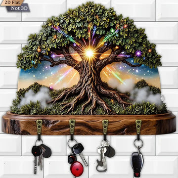 2D Starry Sky Wicca Tree of Life Key Holder 4 Metal Hooks - Pagan Wood Key Rack-MoonChildWorld