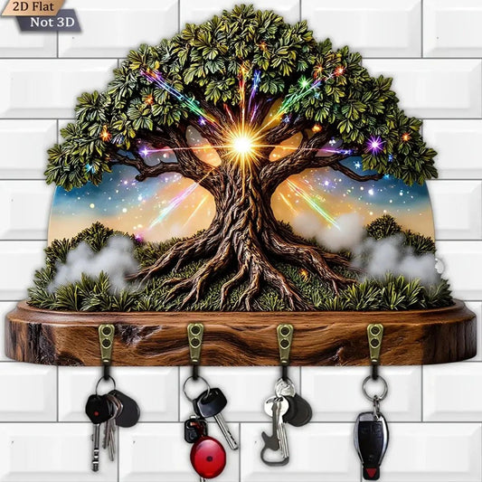2D Starry Sky Wicca Tree of Life Key Holder 4 Metal Hooks - Pagan Wood Key Rack-MoonChildWorld