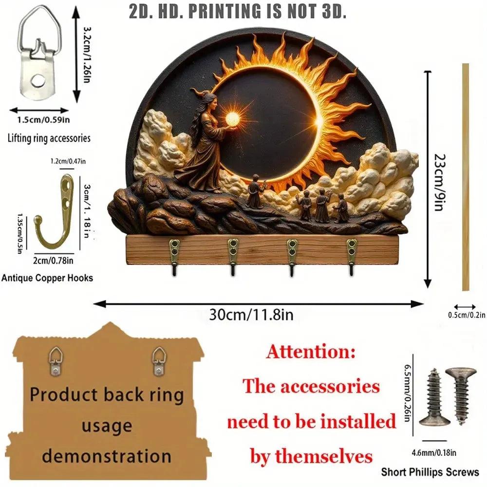 2D Sun Goddess Key Holder 4 Metal Hooks - Wicca Pagan Wood Key Rack-MoonChildWorld