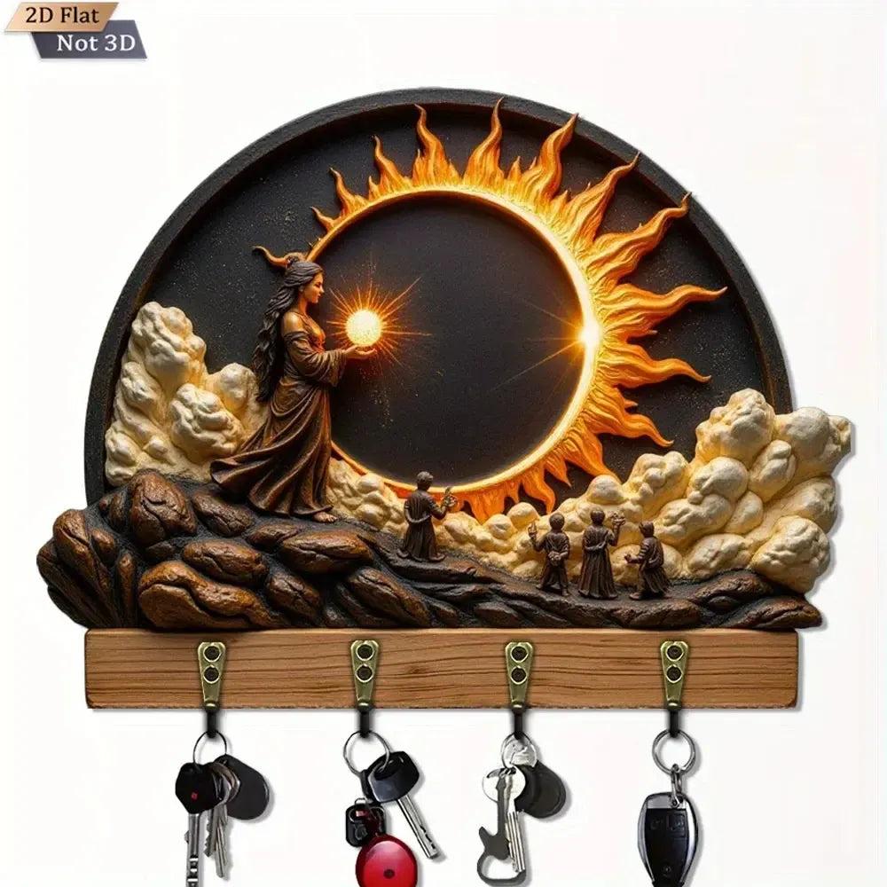 2D Sun Goddess Key Holder 4 Metal Hooks - Wicca Pagan Wood Key Rack-MoonChildWorld