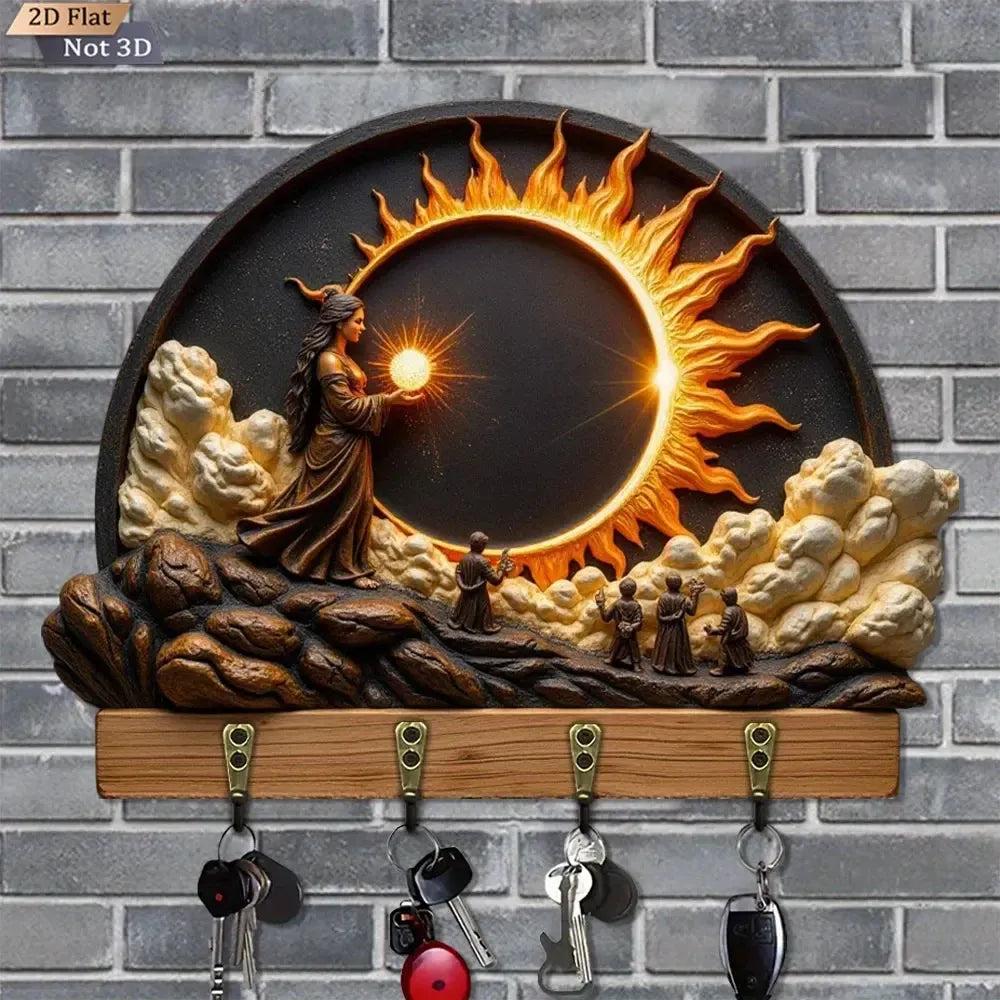 2D Sun Goddess Key Holder 4 Metal Hooks - Wicca Pagan Wood Key Rack-MoonChildWorld