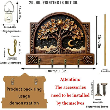 2D Sun Moon Tree of Life Pagan Wooden Key Holder - Celtic Tree Wicca Wood Key Rack-MoonChildWorld