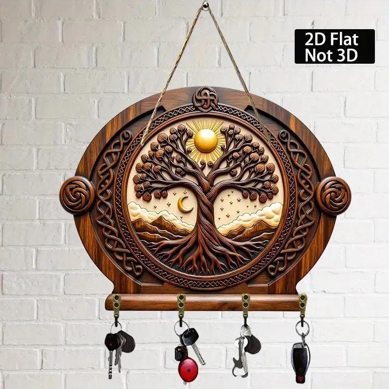 2D Sun Moon Tree of Life Pagan Wooden Key Holder - Celtic Tree Wicca Wood Key Rack-MoonChildWorld