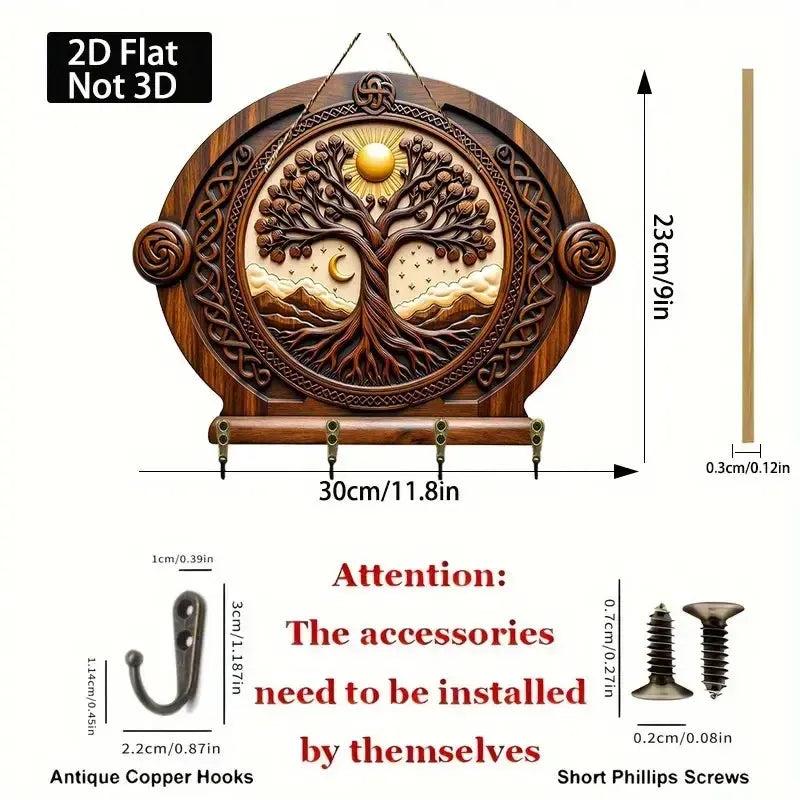 2D Sun Moon Tree of Life Pagan Wooden Key Holder - Celtic Tree Wicca Wood Key Rack-MoonChildWorld