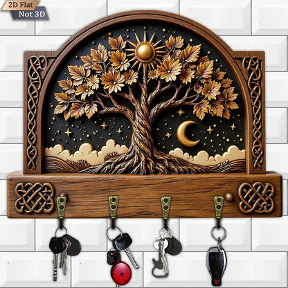 2D Sun Moon Tree of Life Pagan Wooden Key Holder - Celtic Tree Wicca Wood Key Rack-MoonChildWorld