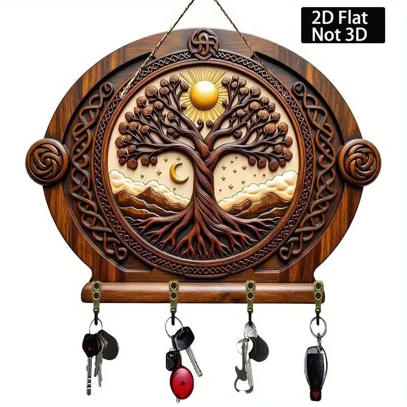 2D Sun Moon Tree of Life Pagan Wooden Key Holder - Celtic Tree Wicca Wood Key Rack-MoonChildWorld