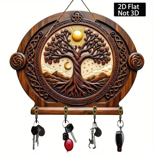 2D Sun Moon Tree of Life Pagan Wooden Key Holder - Celtic Tree Wicca Wood Key Rack-MoonChildWorld
