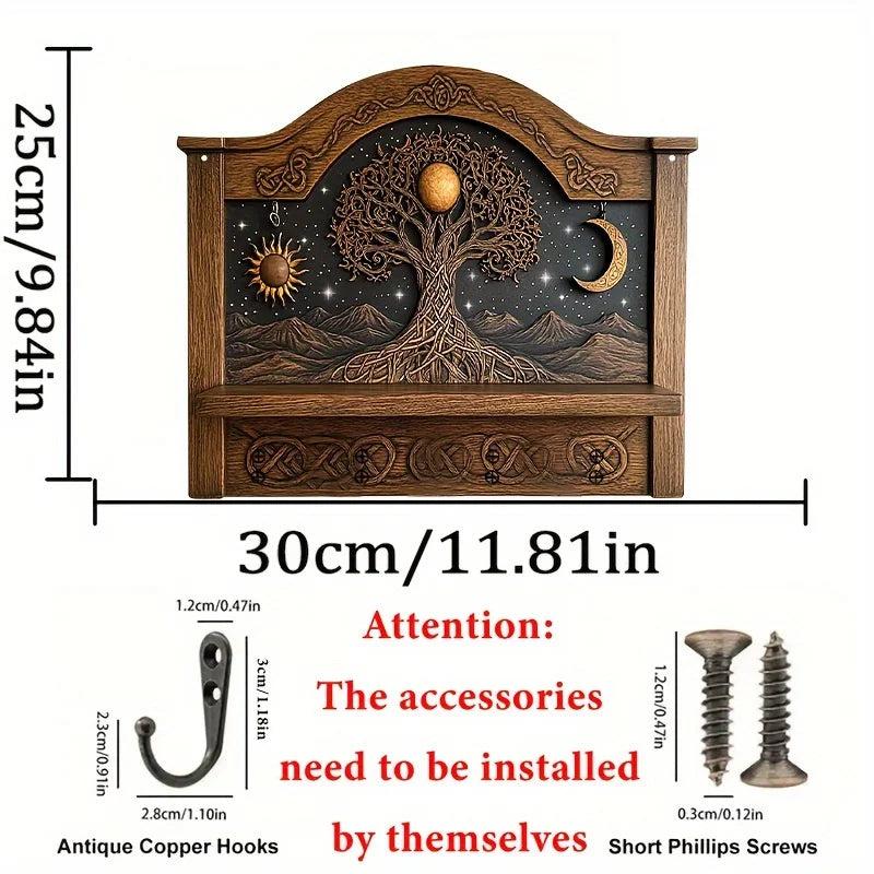 2D Sun Moon Tree of Life Pagan Wooden Key Holder with Four Metal Hooks-MoonChildWorld