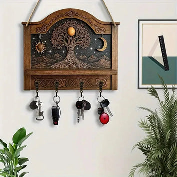 2D Sun Moon Tree of Life Pagan Wooden Key Holder with Four Metal Hooks