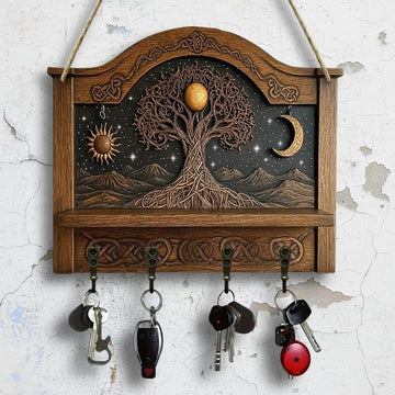 2D Sun Moon Tree of Life Pagan Wooden Key Holder with Four Metal Hooks-MoonChildWorld
