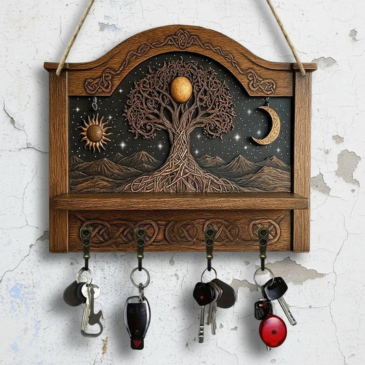 2D Sun Moon Tree of Life Pagan Wooden Key Holder with Four Metal Hooks-MoonChildWorld