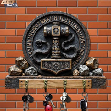 2D Thor's Hammer Wooden Key Holder with 4 Metal Hooks - Snake Gothic Wood Key Rack-MoonChildWorld