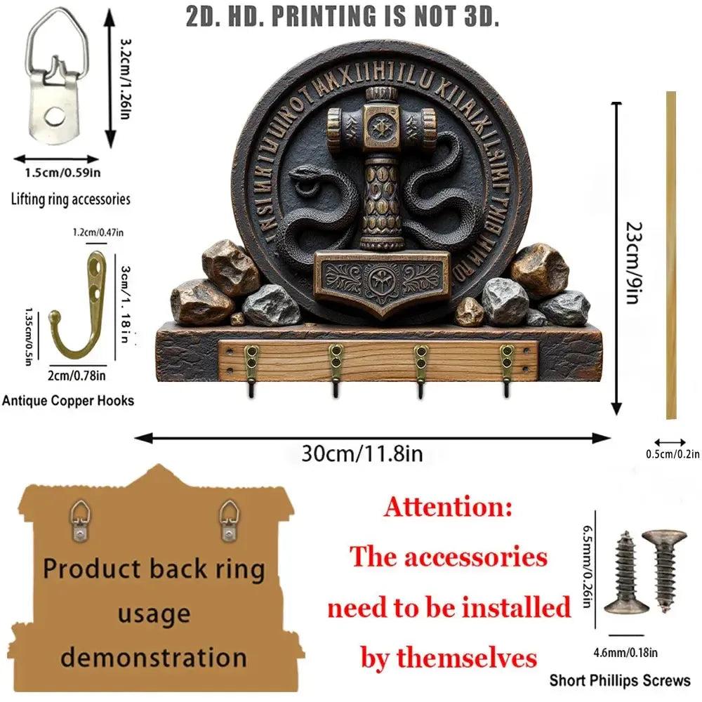 2D Thor's Hammer Wooden Key Holder with 4 Metal Hooks - Snake Gothic Wood Key Rack-MoonChildWorld