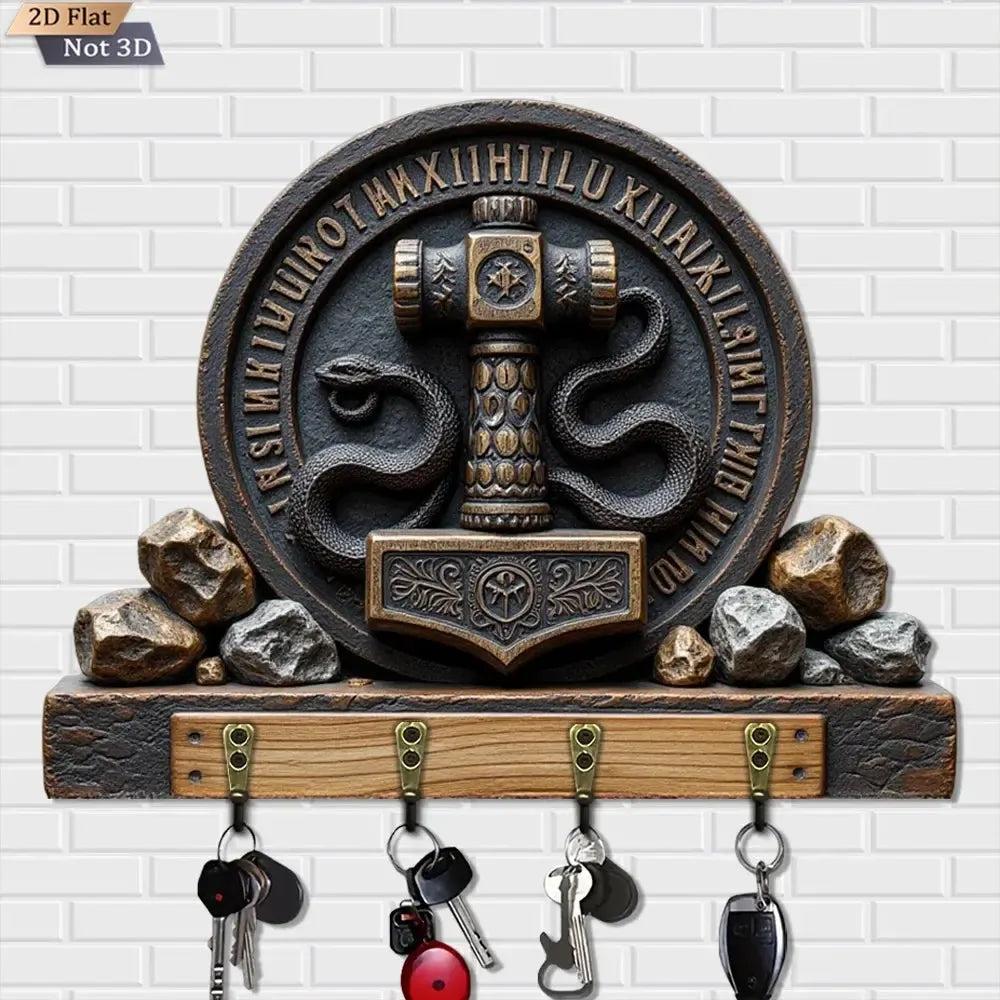 2D Thor's Hammer Wooden Key Holder with 4 Metal Hooks - Snake Gothic Wood Key Rack-MoonChildWorld