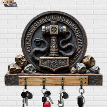 2D Thor's Hammer Wooden Key Holder with 4 Metal Hooks - Snake Gothic Wood Key Rack-MoonChildWorld