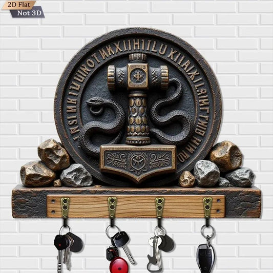 2D Thor's Hammer Wooden Key Holder with 4 Metal Hooks - Snake Gothic Wood Key Rack-MoonChildWorld