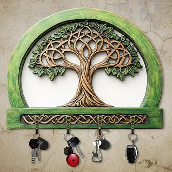 2D Tree of Life Pagan Key Holder 4 Metal Hooks - Spiritual Wood Key Rack-MoonChildWorld