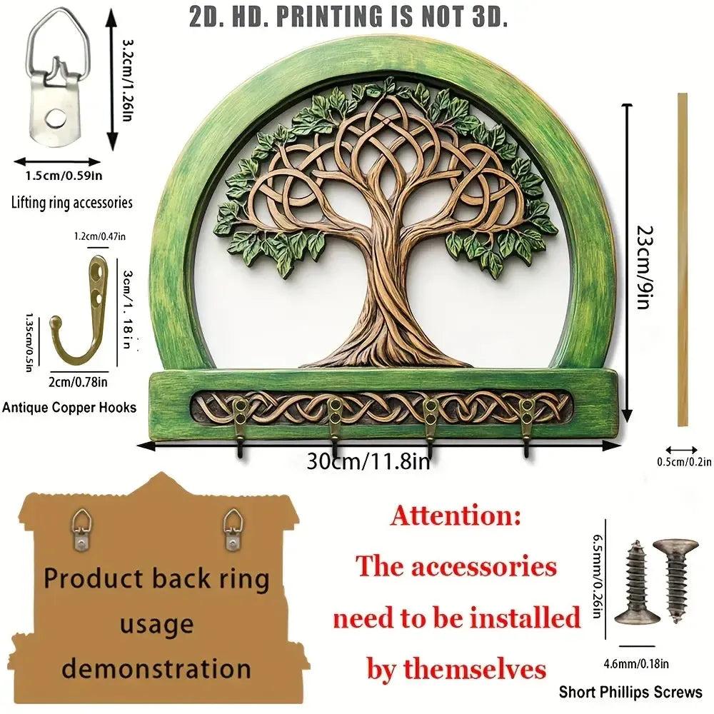 2D Tree of Life Pagan Key Holder 4 Metal Hooks - Spiritual Wood Key Rack-MoonChildWorld