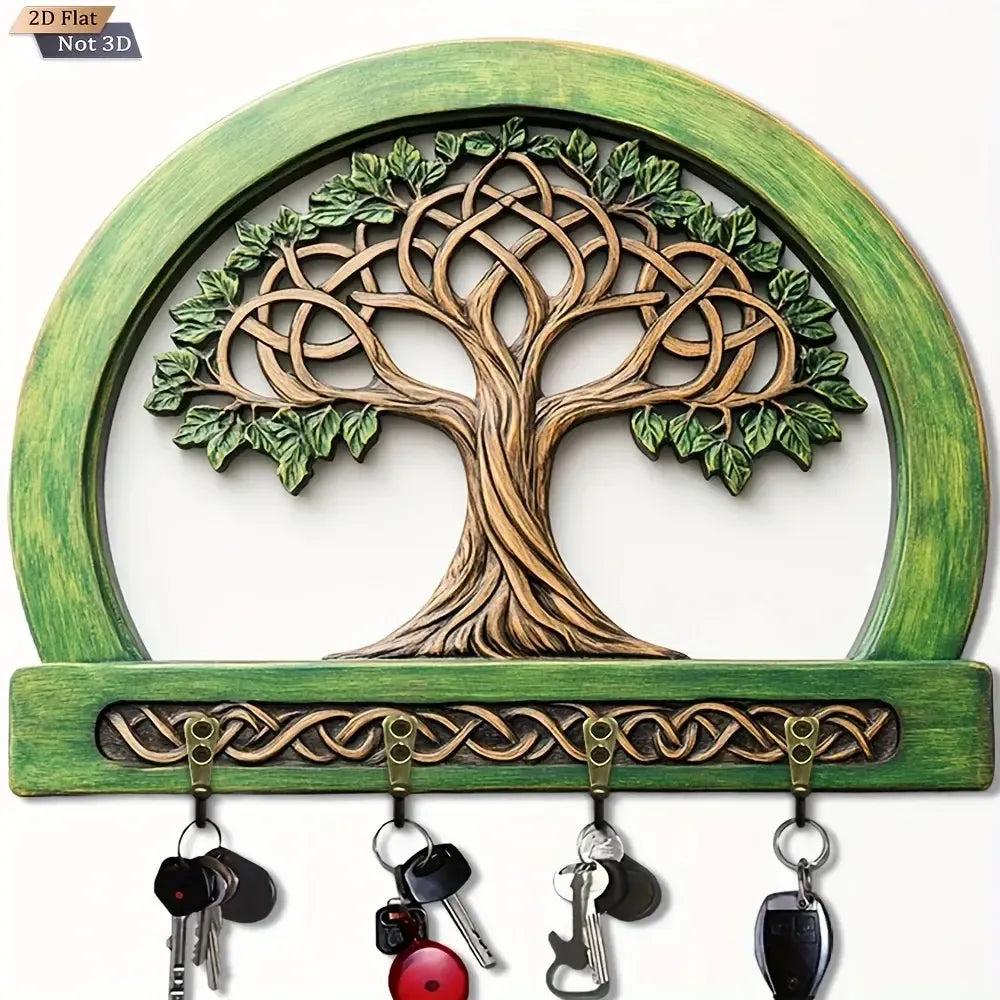 2D Tree of Life Pagan Key Holder 4 Metal Hooks - Spiritual Wood Key Rack-MoonChildWorld