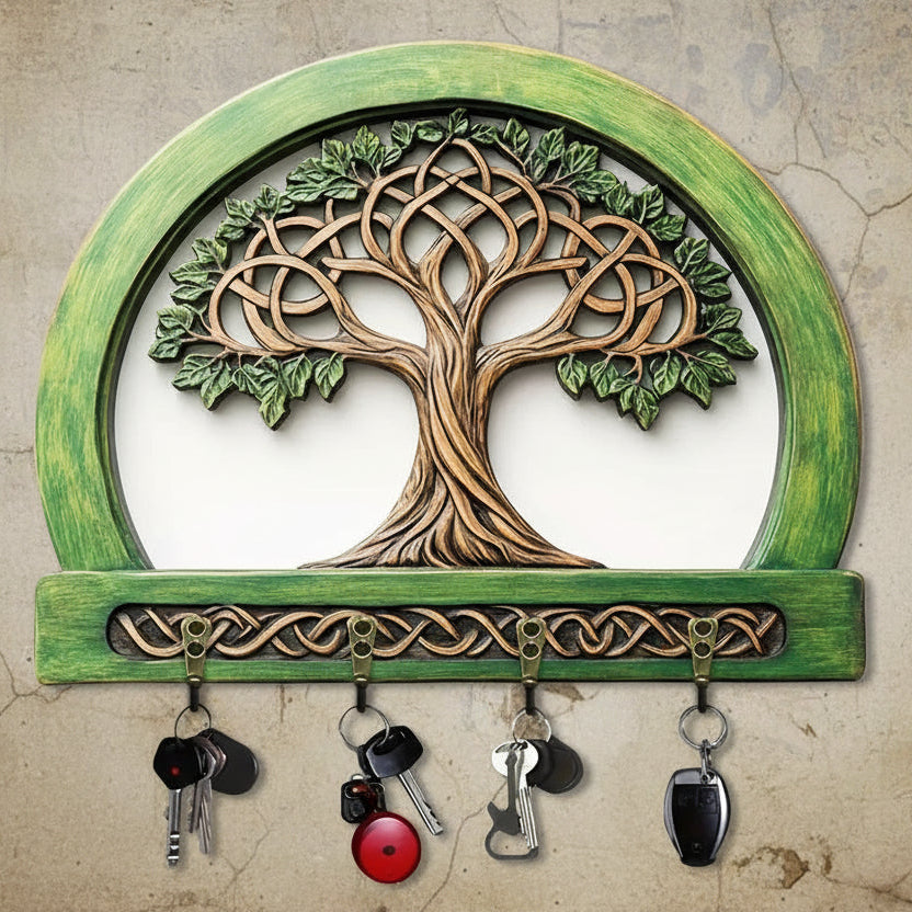 2D Tree of Life Pagan Key Holder 4 Metal Hooks - Spiritual Wood Key Rack-MoonChildWorld
