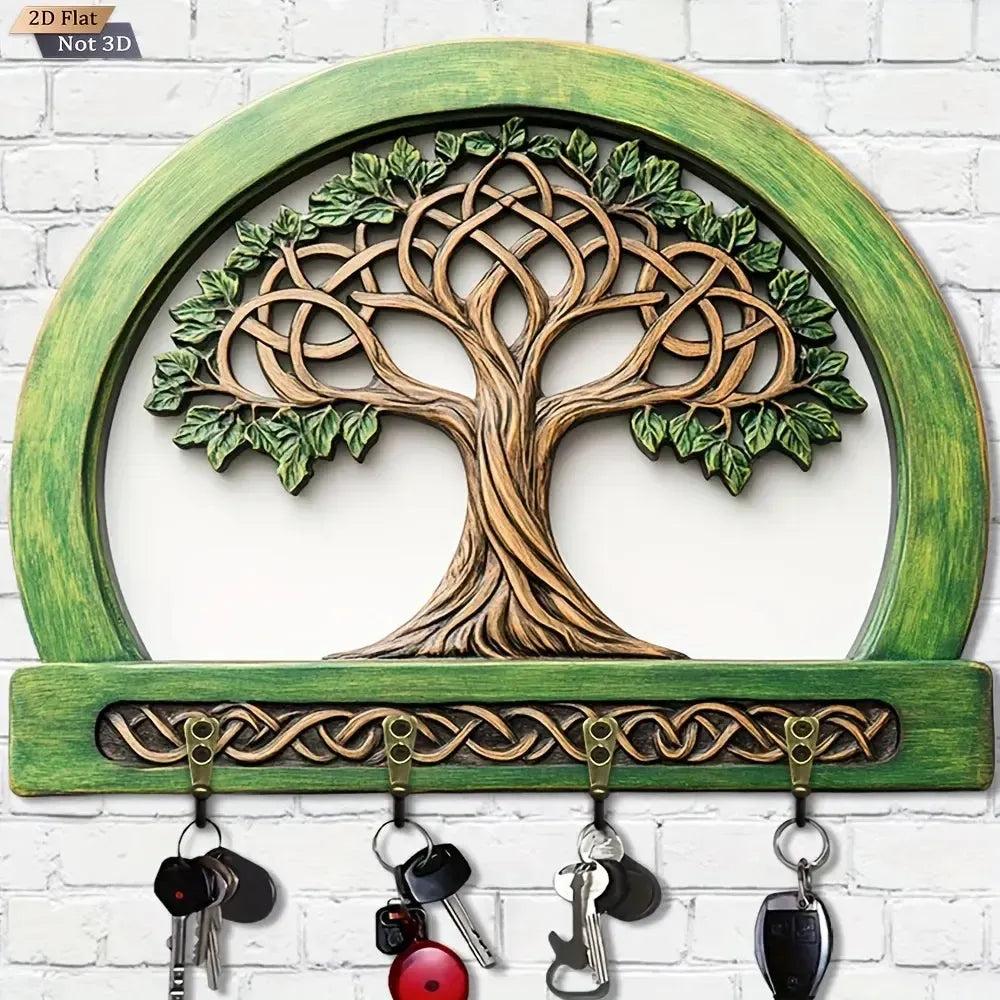 2D Tree of Life Pagan Key Holder 4 Metal Hooks - Spiritual Wood Key Rack-MoonChildWorld