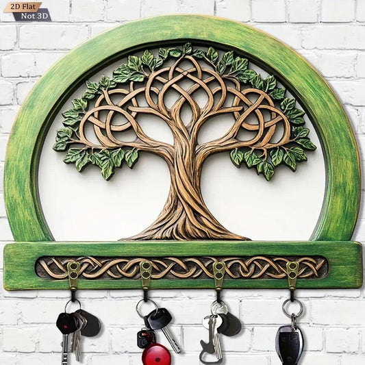 2D Tree of Life Pagan Key Holder 4 Metal Hooks - Spiritual Wood Key Rack-MoonChildWorld