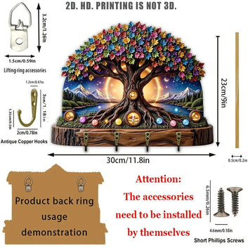 2D Tree of life Wicca Wooden Key Holder 4 Metal Hooks - Mystic Wood Key Rack-MoonChildWorld