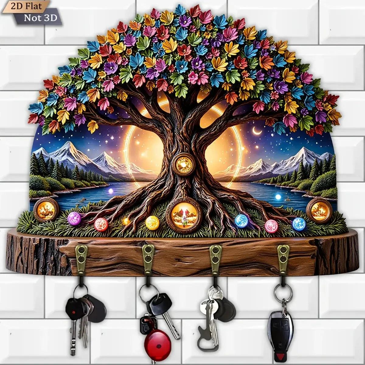 2D Tree of life Wicca Wooden Key Holder 4 Metal Hooks - Mystic Wood Key Rack-MoonChildWorld