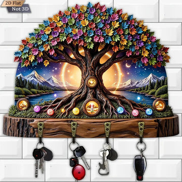 2D Tree of life Wicca Wooden Key Holder 4 Metal Hooks - Mystic Wood Key Rack-MoonChildWorld