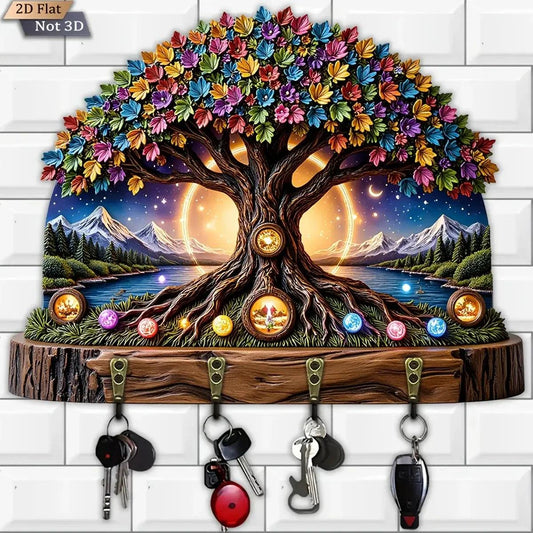 2D Tree of life Wicca Wooden Key Holder 4 Metal Hooks - Mystic Wood Key Rack-MoonChildWorld