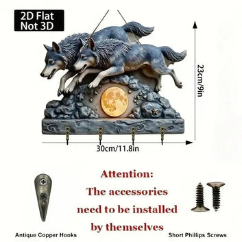 2D Two Wolves Chasing Full Moon Wooden Wooden Key Holder with Four Metal Hooks-MoonChildWorld