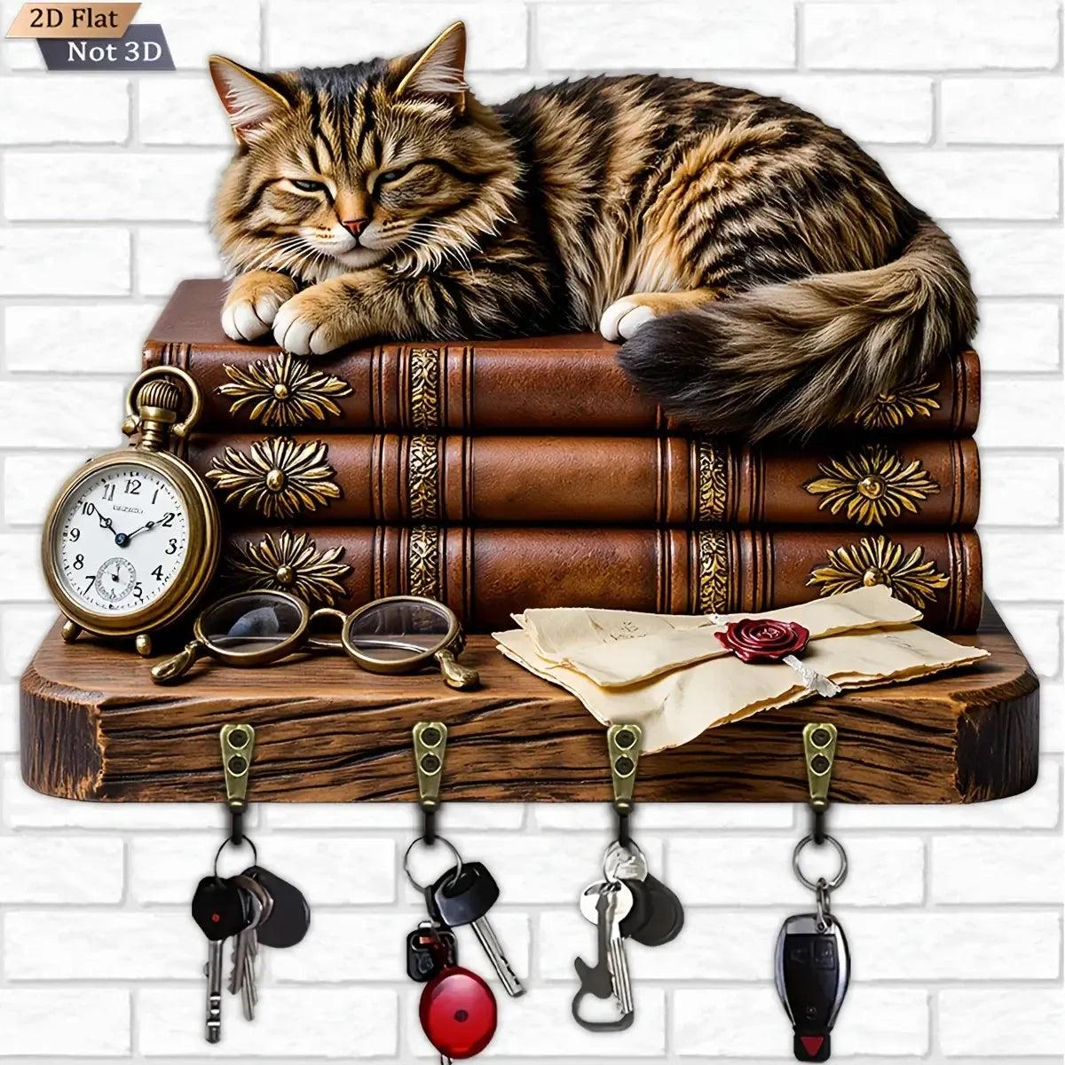 2D Vintage Cat Key Holder 4 Metal Hooks - Mystic Wood Key Rack-MoonChildWorld