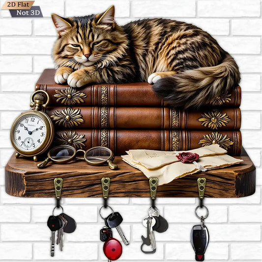 2D Vintage Cat Key Holder 4 Metal Hooks - Mystic Wood Key Rack-MoonChildWorld