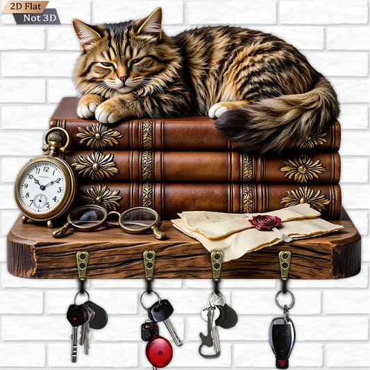 2D Vintage Cat Key Holder 4 Metal Hooks - Mystic Wood Key Rack-MoonChildWorld