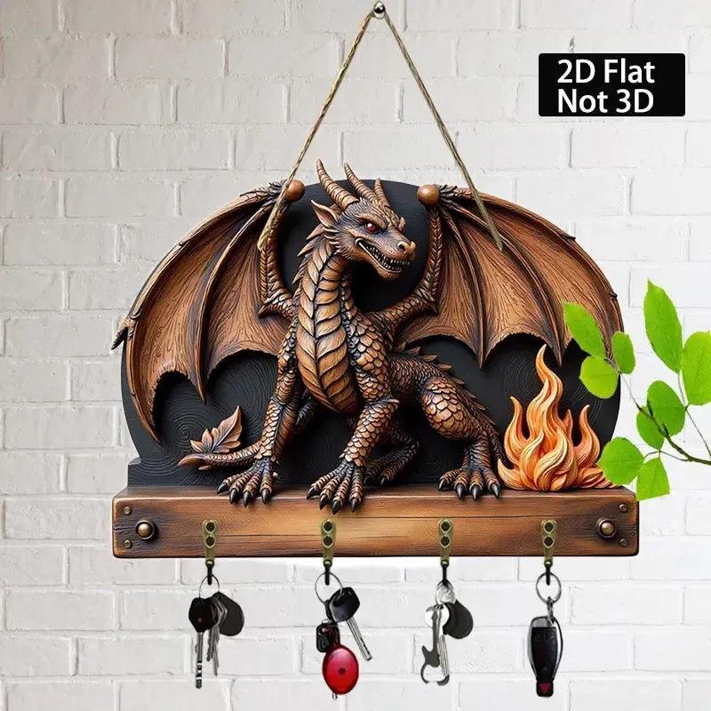 2D Vintage Dragon Wooden Key Holder with Four Metal Hooks-MoonChildWorld