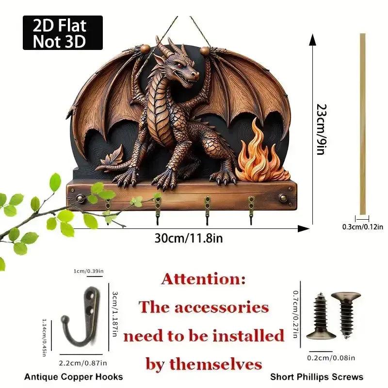 2D Vintage Dragon Wooden Key Holder with Four Metal Hooks-MoonChildWorld
