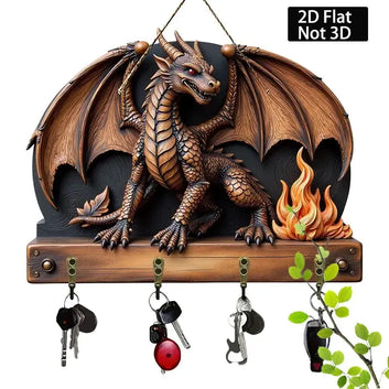 2D Vintage Dragon Wooden Key Holder with Four Metal Hooks