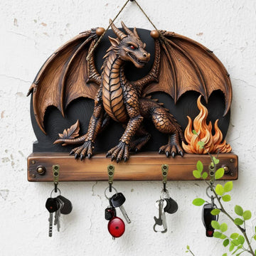 2D Vintage Dragon Wooden Key Holder with Four Metal Hooks-MoonChildWorld