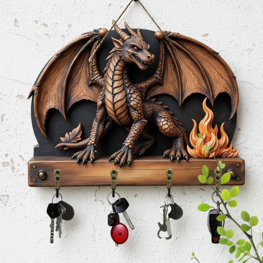 2D Vintage Dragon Wooden Key Holder with Four Metal Hooks-MoonChildWorld