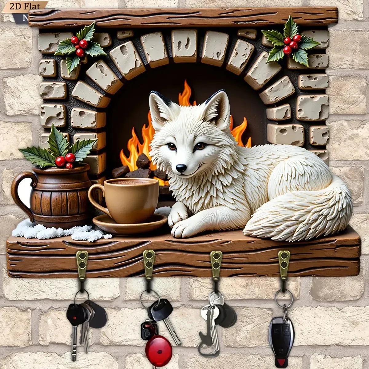 2D White Fox Key Holder 4 Metal Hooks - Mystic Wood Key Rack-MoonChildWorld