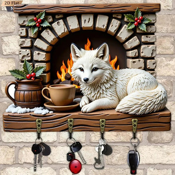 2D White Fox Key Holder 4 Metal Hooks - Mystic Wood Key Rack-MoonChildWorld