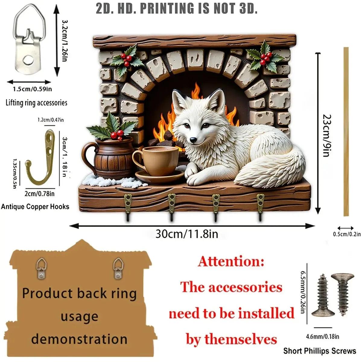 2D White Fox Key Holder 4 Metal Hooks - Mystic Wood Key Rack-MoonChildWorld