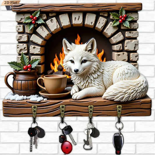 2D White Fox Key Holder 4 Metal Hooks - Mystic Wood Key Rack-MoonChildWorld