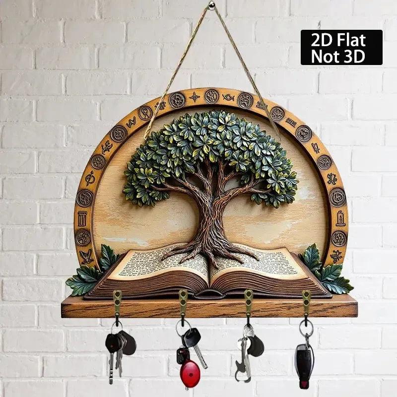2D Wicca Pagan Tree of Life Wood Key Rack - Spirit Tree Key Holder 4 Metal Hooks-MoonChildWorld