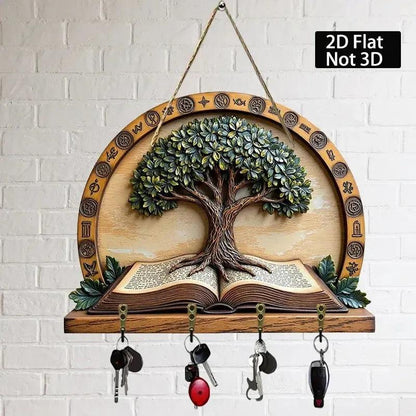 2D Wicca Pagan Tree of Life Wood Key Rack - Spirit Tree Key Holder 4 Metal Hooks-MoonChildWorld