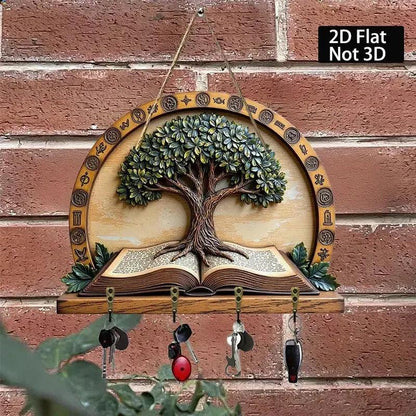 2D Wicca Pagan Tree of Life Wood Key Rack - Spirit Tree Key Holder 4 Metal Hooks-MoonChildWorld