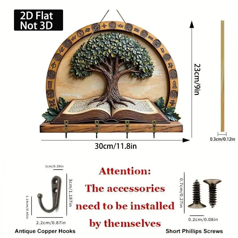 2D Wicca Pagan Tree of Life Wood Key Rack - Spirit Tree Key Holder 4 Metal Hooks-MoonChildWorld