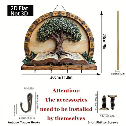 2D Wicca Pagan Tree of Life Wood Key Rack - Spirit Tree Key Holder 4 Metal Hooks-MoonChildWorld